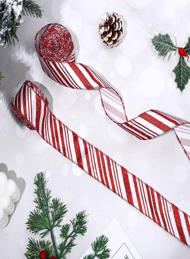 Whaline 2 Rolls 20 Yards Christmas Wired Edge Ribbons Glitter Red White Stripes Ribbon Christmas Candy Cane Gift Wrapping Ribbons for DIY Wreath Floral Arrangement Bow Decoration Supplies, 1.5 Inch - Image 5